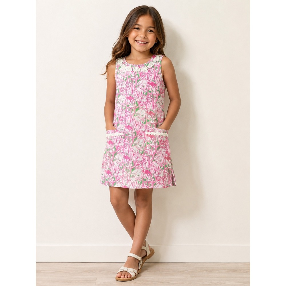Lilly Pulitzer Shift Dress Girls 10 Pink LIKE_NEW Flamingo Lace Trim Pockets